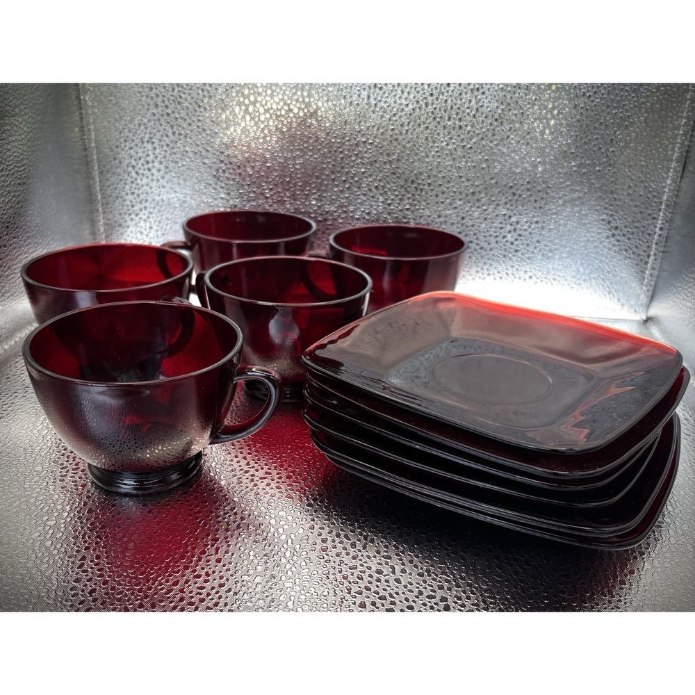 10 Pc Vintage Anchor Hocking Royal Ruby Red Round Cups & Charm Square Saucers
